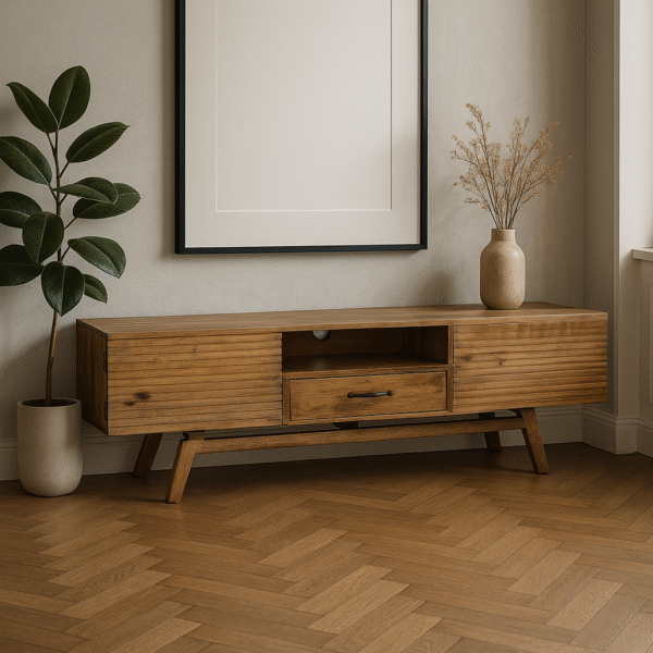 מזנון עץ מלבני נמוך בגוון טבעי, עשוי עץ מנגו מלא. כולל מגירה מרכזית, מדף פתוח עליון, שתי דלתות צד מחורצות אופקית, רגליים עץ משופעות, רקע לבן נקי.