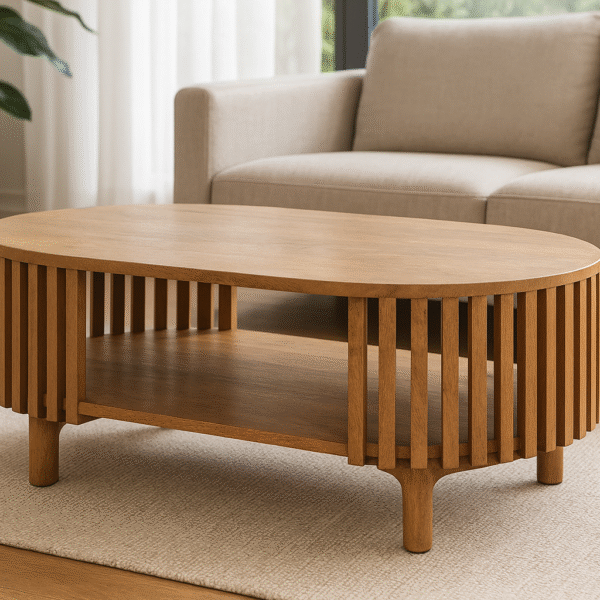 שולחן סלון בצורת אליפסה, עשוי עץ מנגו מלא בגוון חום טבעי. שוליים היקפיים בנויים משלבי עץ אנכיים, מדף תחתון פתוח, ארבע רגליים קצרות. רקע לבן חלק.