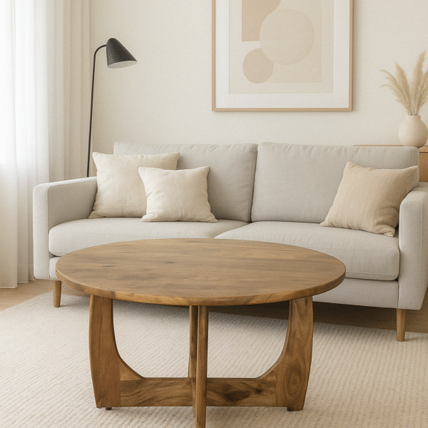 שולחן קפה עגול מעץ מנגו מלא. כולל פלטה עגולה ורגליים מעץ בעיצוב ייחודי. מתאים לסלון או חדר משפחה. מידות: קוטר 90 ס"מ, גובה 50 ס"מ חומר: עץ מנגו מלא צבע: טבעי