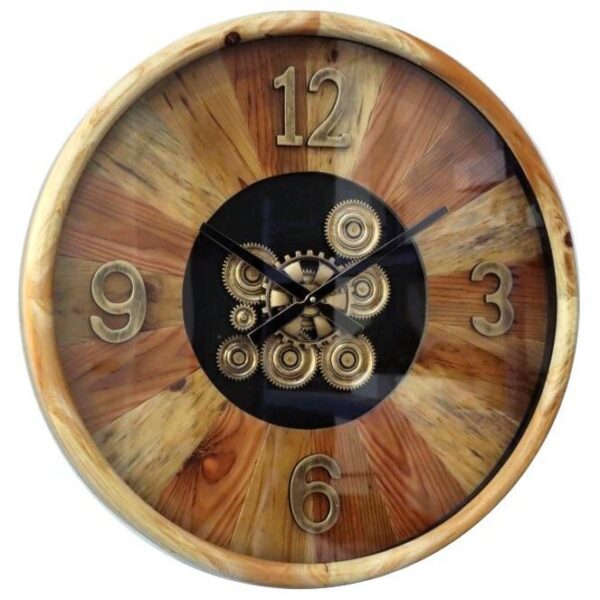 שעון עץ טבעי בקוטר 68 ס״מ עם מנגנון גלגלי שיניים מתכתי, מסגרת עץ טבעי ולוח עץ בעיצוב קרני שמש תעשייתי.