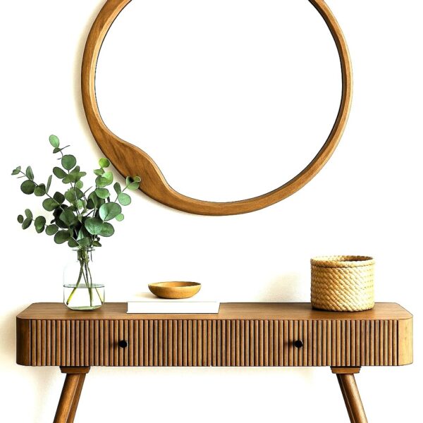 מראה עגולה אמורפית מעץ מלא טבעי תלויה מעל קונסולה תואמת, בעיצוב מודרני חמים, זמינה במידות 60×60 | 70×70 | 80×80 ס״מ.