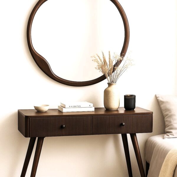 מראה עגולה אמורפית עשויה עץ מלא כהה מעל קונסולה תואמת, בעיצוב מודרני וחמים, זמינה במידות 60×60 | 70×70 | 80×80 ס״מ.