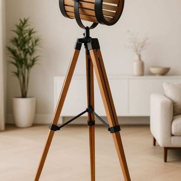 מנורת סטודיו עומדת דגם 551953399 בעיצוב חצובה מעץ טבעי בשילוב גוף תאורה גלילי מתכתי בצבע שחור, ראש מתכוונן לפיזור אור מדויק, חיבור חשמלי עם מפסק הפעלה, בסיס יציב לשלושה רגליים. מיועדת כתאורת אווירה ותאורת הדגשה בחללי מגורים ומסחר. גובה: 152 ס״מ