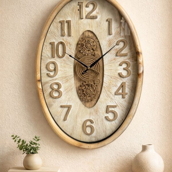 שעון קיר עץ אובלי עם גלגלי שיניים בעיצוב ייחודי שמכניס אופי, חמימות וסטייל יוקרתי לכל חלל. השילוב בין עץ טבעי למנגנון גלוי יוצר מראה מרשים שמתאים לסלון, פינת אוכל או משרד. 📏 מידה: 68x50 ס״מ